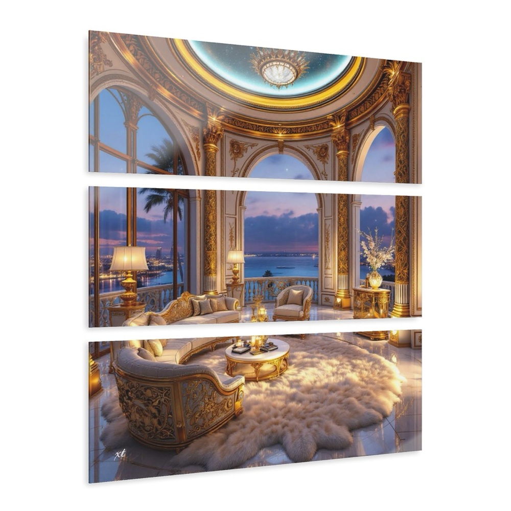 Luxury Ocean View Triptych Acrylic Print Elegant Palace Interior Wall Art